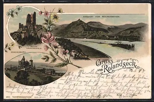 Lithographie Rolandseck, Ruine Drachenfels, Drachenburg, Aussicht vom Rolandsbogen