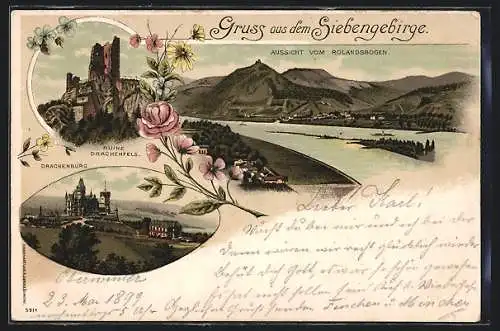 Lithographie Drachenfels /Siebengebirge, Ruine Drachenfels, Drachenburg, Aussicht vom Rolandsbogen