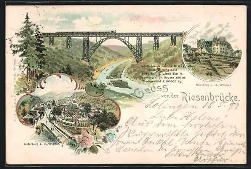 Lithographie Oberburg / Wupper, Brücke mit Eisenbahn, Unterburg-Panorama