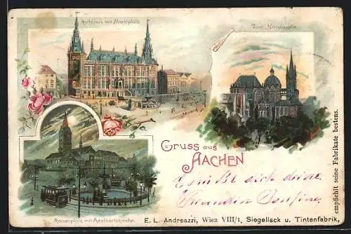 Lithographie Aachen, Rathaus mit Marktplatz, Dom, Kaiserplatz bei Nacht