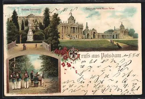 Lithographie Potsdam, Schloss Sanssouci, neuer Palais, Lehrbatallion am Schiessstand