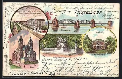 Lithographie Düsseldorf, Jesuitenkirche, Haroldstrasse mit Hauptpostamt, Rheinbrücke, Kriegerdenkmal und Kunsthalle