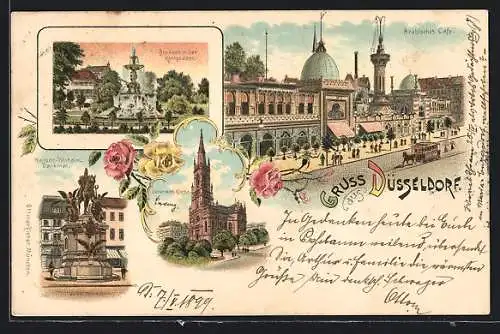 Lithographie Düsseldorf, Arabisches Café, Kaiser-Wilhelm-Denkmal, Johannes-Kirche