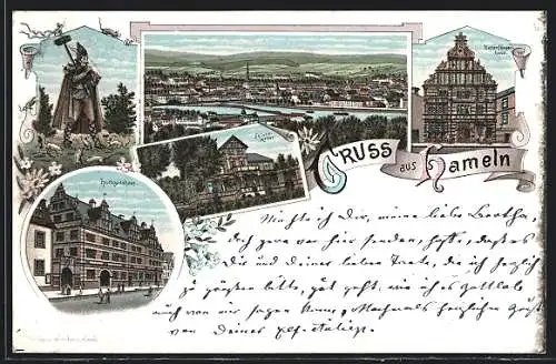 Lithographie Hameln, Hochzeitshaus, Gasthof Felsenkeller, Rattenfängerhaus