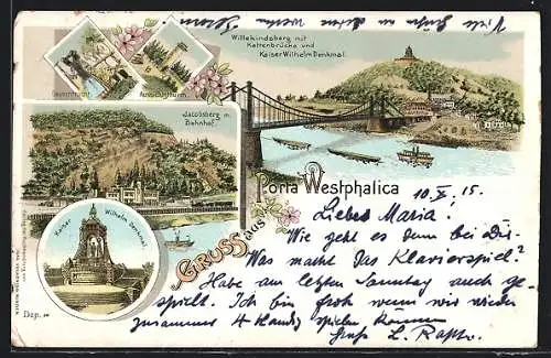Lithographie Porta Westfalica, Wittekindsberg mit Kettenbrücke und Kaiser-Wilhelm-Denkmal, Bahnhof, Bauerntracht