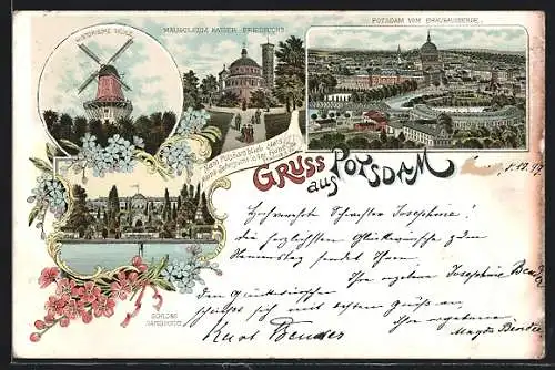 Lithographie Potsdam, Historische Mühle, Schloss Sanssouci, Ort vom Brauhausberge