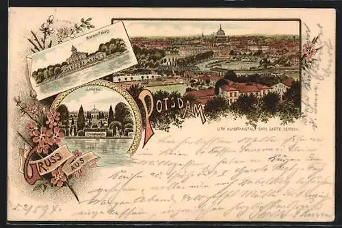 Lithographie Potsdam, Generalansicht, der Marmor-Palais, Schloss Sanssouci