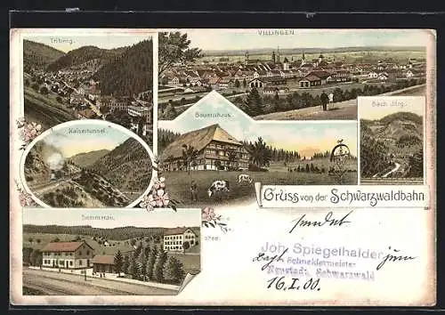 Lithographie Villingen /Schwarzwald, Totalansicht mit Bauernhaus und Kaisertunnel