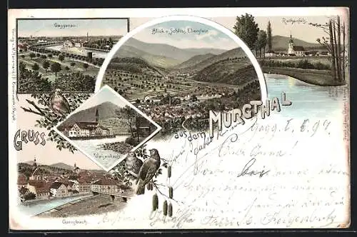 Lithographie Gaggenau, Gernsbach, Rothenfels - schöne Orte im Murgthal