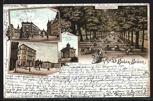 Vorläufer-Lithographie Baden-Baden, 1895, Hotel d`Angleterre & Theater, Leopolds-Platz, Griechische Kapelle