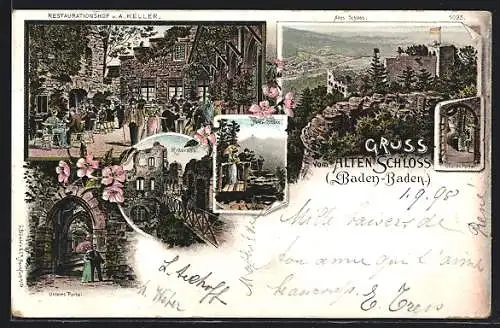 Lithographie Baden-Baden, Altes Schloss, Restaurant v. A. Keller, Rittersaal