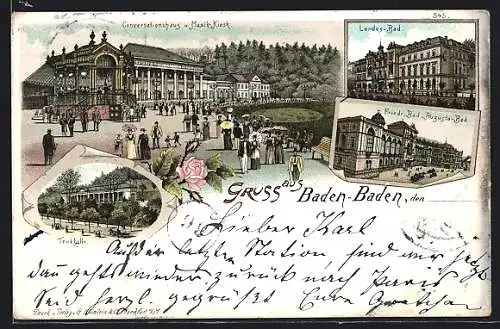 Lithographie Baden-Baden, Trinkhalle, Conversationshaus und Musik-Pavillon, Landes-Bad