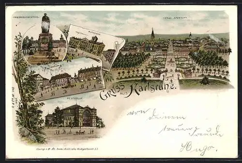 Lithographie Karlsruhe, Ortsansicht, Rathaus, Friedrichsdenkmal, Marktplatz, Festhalle