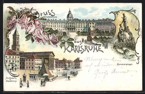 Lithographie Karlsruhe, Marktplatz und Stadtkirche, Residenzschloss, Nyphengruppe