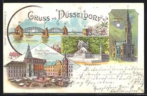 Lithographie Düsseldorf, Johannis-Kirche, Rheinbrücke, Kriegerdenkmal, Marktplatz mit Rathaus