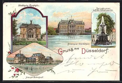 Lithographie Düsseldorf, Provinzial Ständehaus, Städtische Kunsthalle, Springbrunnen