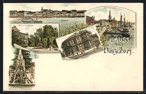 Lithographie Düsseldorf, Rhein-Werft, Cornelius-Platz, Brunnen in der Königsallee, Theater