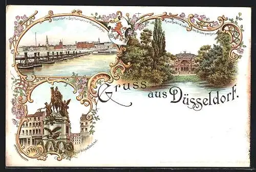 Lithographie Düsseldorf, Kunsthalle v. d. goldenen Brücke gesehen, Schiffsbrücke von der Wilhelmshöhe