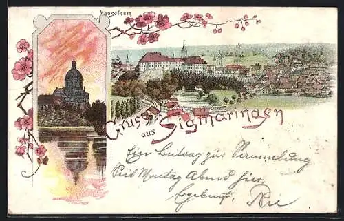 Lithographie Sigmaringen, Mausoleum im Abendlicht, Teilansicht