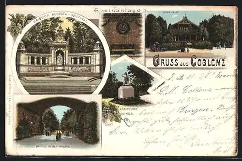 Lithographie Coblenz, Trinkhalle, Kaiserin Augusta-Denkmal, Rheinanlagen