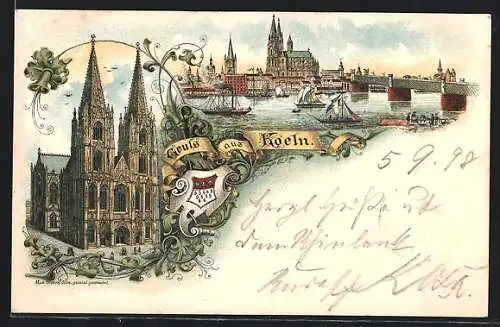 Lithographie Köln, Sicht auf den Dom und Boote im Wasser