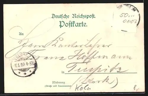 Lithographie Köln, Sicht auf den Dom und Boote im Wasser