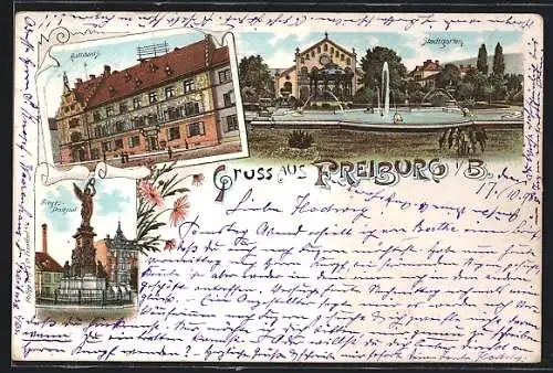 Lithographie Freiburg i. B., Rathaus, Siegesdenkmal, Stadtgarten mit Teich