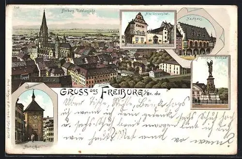 Lithographie Freiburg i. Br., Kaufhaus, Alte Universität, Sieges-Denkmal, Martinstor