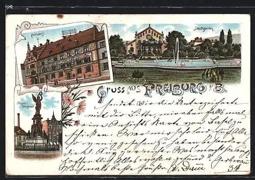 Lithographie Freiburg i. B., Der Stadtgarten, das Rathhaus, Siegesdenkmal