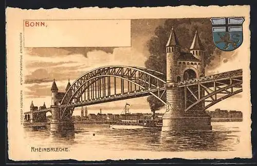 Lithographie Bonn, Rheinbrücke mit Wappen