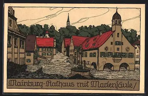 Steindruck-AK Mainburg, Rathaus mit Mariensäule