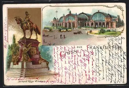 Lithographie Frankfurt a. M., Hauptbahnhof, Denkmal Kaiser Wilhelm I.