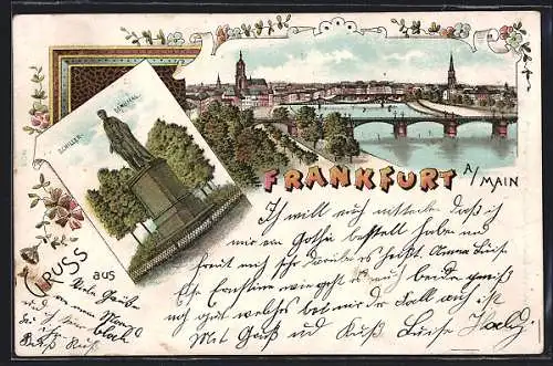 Lithographie Frankfurt a. Main, Schiller-Denkmal, Ortsansicht mit Brücke