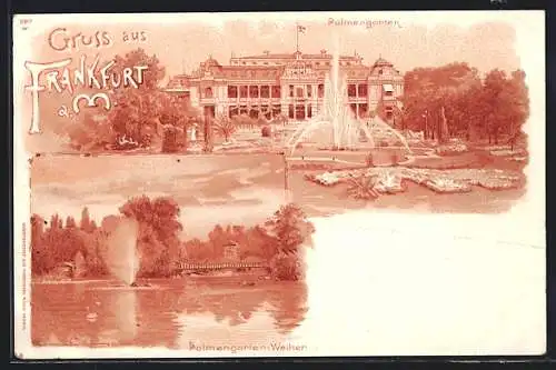 Lithographie Frankfurt-Westend, Palmengarten, Weiher