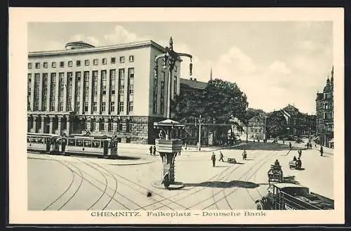 AK Chemnitz, Falkenplatz - Deutsche Bank und Strassenbahn