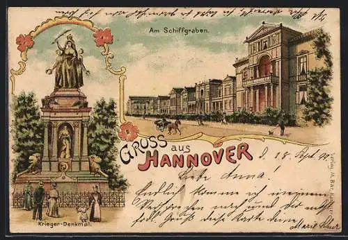 Lithographie Hannover, Krieger Denkmal, Partie am Schiffsgraben