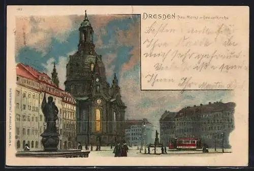 Lithographie Dresden, Neu-Markt mit Frauenkirche bei Nacht, Strassenbahn