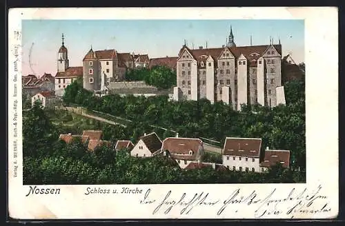 Goldfenster-AK Nossen, Schloss u. Kirche mit leuchtenden Fenstern