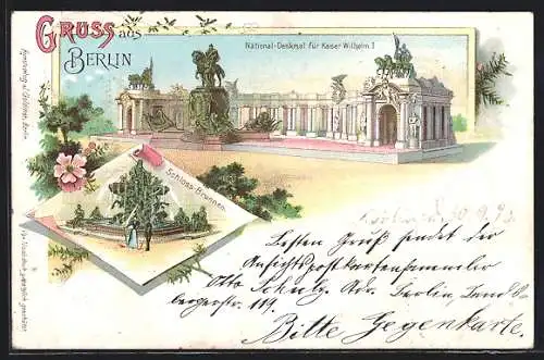 Lithographie Berlin, Schlossbrunnen, Nationaldenkmal für Kaiser Wilhelm I.