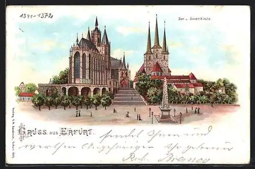 Lithographie Erfurt, Blick auf Dom und Severikirche