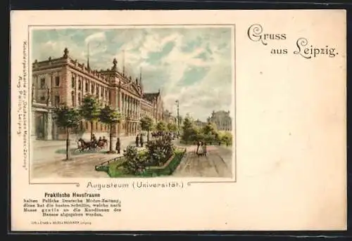Lithographie Leipzig, Augusteum (Universität) mit Strasse