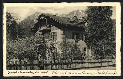 AK Garmisch-Partenkirchen, Hotel-Pension Haus Corindt, Münchener Strasse 7