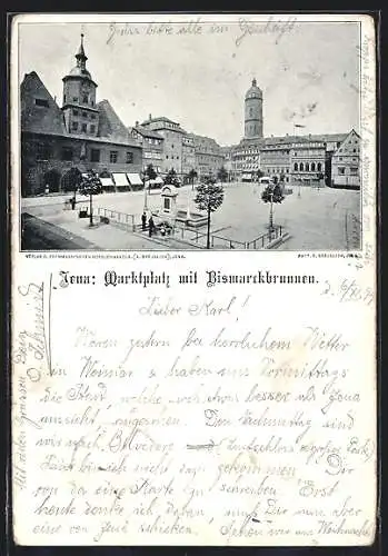 AK Jena, Marktplatz mit Bismarckbrunnen