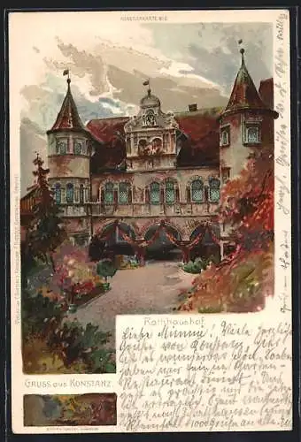 Lithographie Konstanz, Rathaus im Herbst
