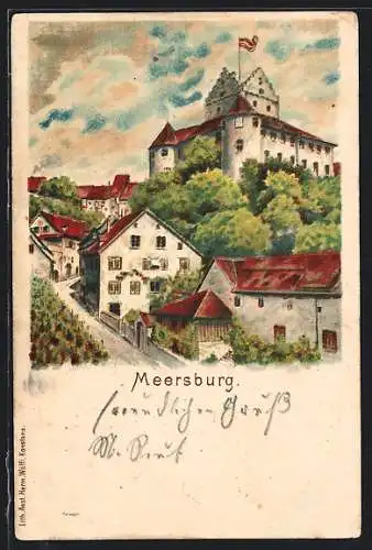 Künstler-AK Meersburg, Ortsansicht mit Festung