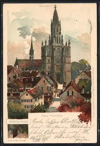 Lithographie Konstanz, Teilansicht mit Münster