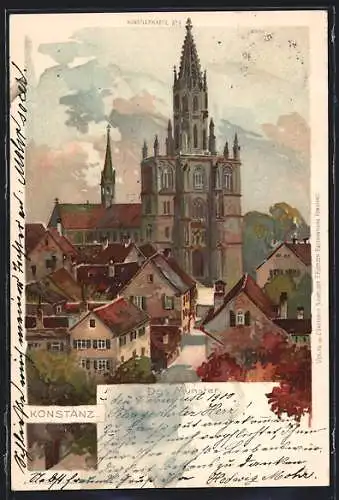 Lithographie Konstanz, Teilansicht mit Münster