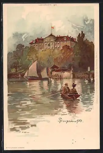 Künstler-AK Mainau, Ruderboot vor dem Schloss