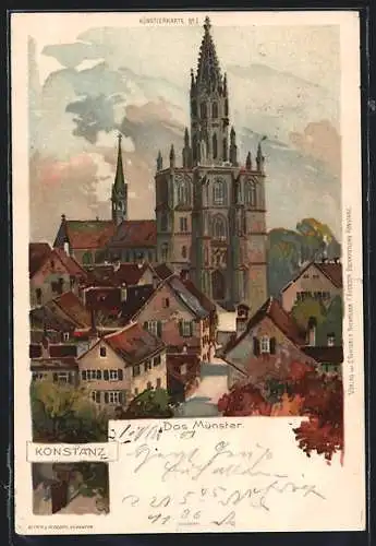 Lithographie Konstanz, Teilansicht mit Münster