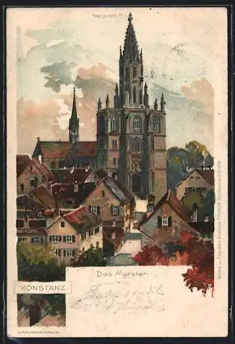 Lithographie Konstanz, Teilansicht mit Münster